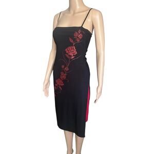 Y2K Black Red Rose Midi Dress Made In UK Vampire Goth Romantic Bodycon Slip